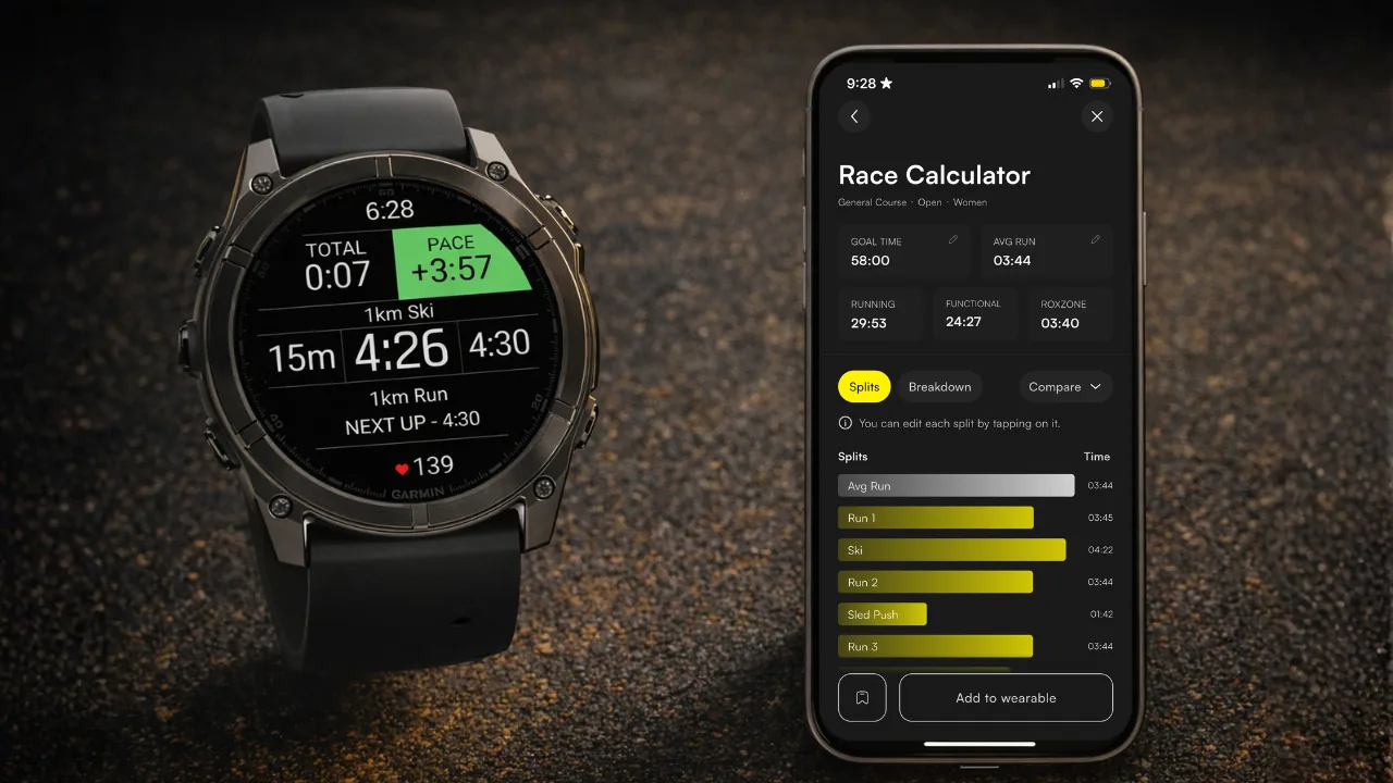 ROXFIT Race Goals hero showing Race Calculator splits