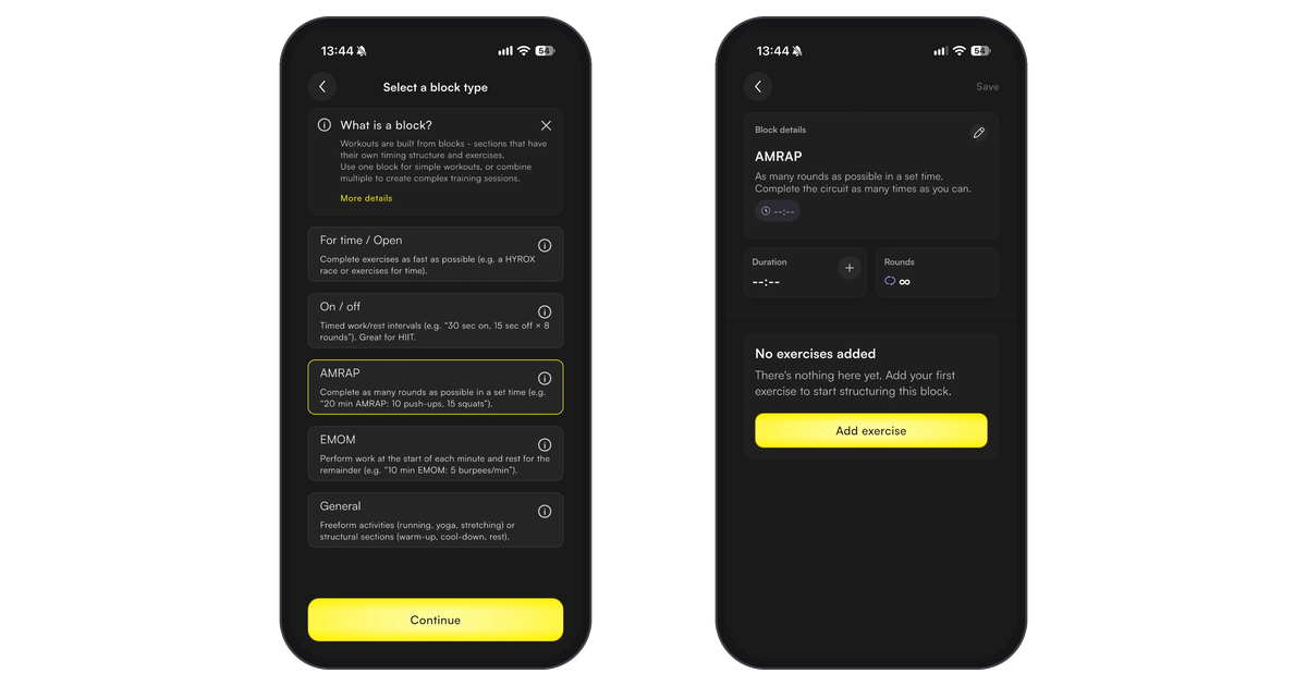Select a block type screen with AMRAP selected, and the empty AMRAP block with Add exercise