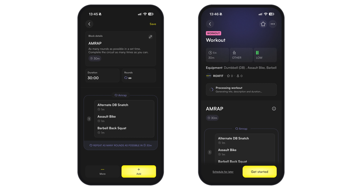 Finished AMRAP block with Save, and the saved workout page processing its title, description and duration
