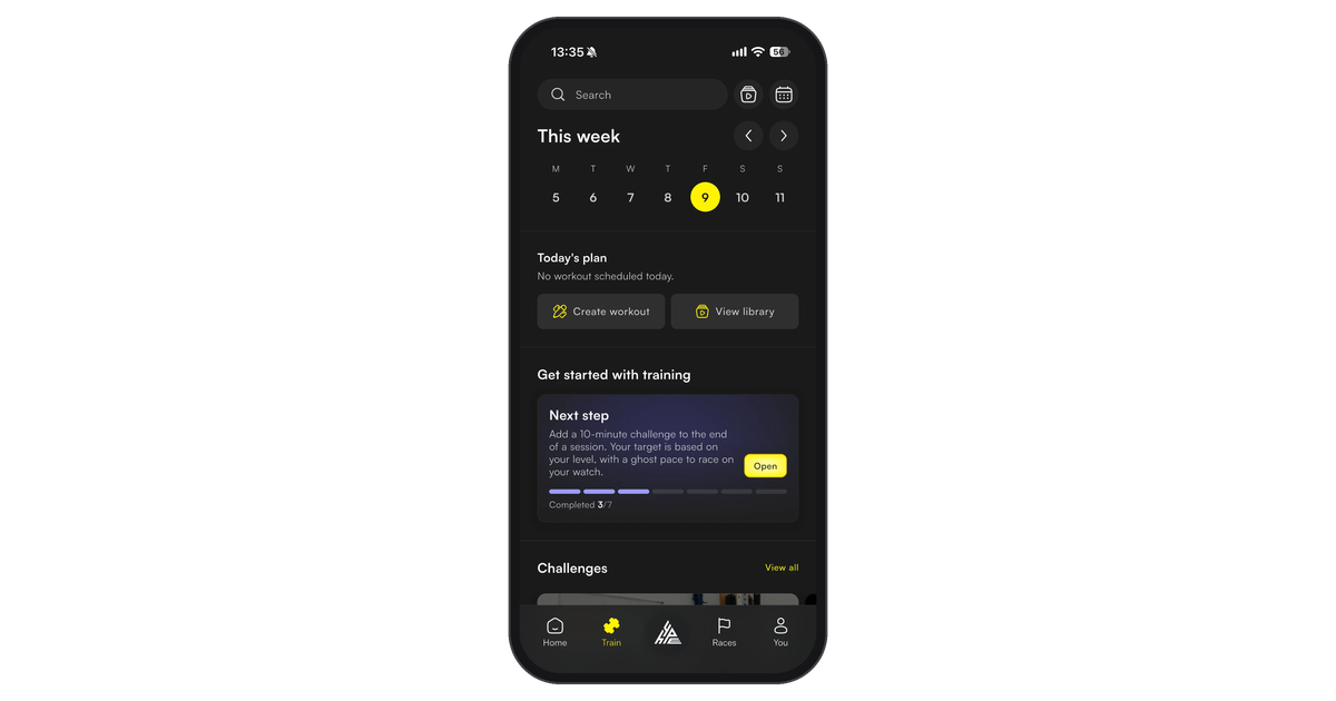 Train tab with Create workout and View library, and the HYPE button in the centre of the bottom bar