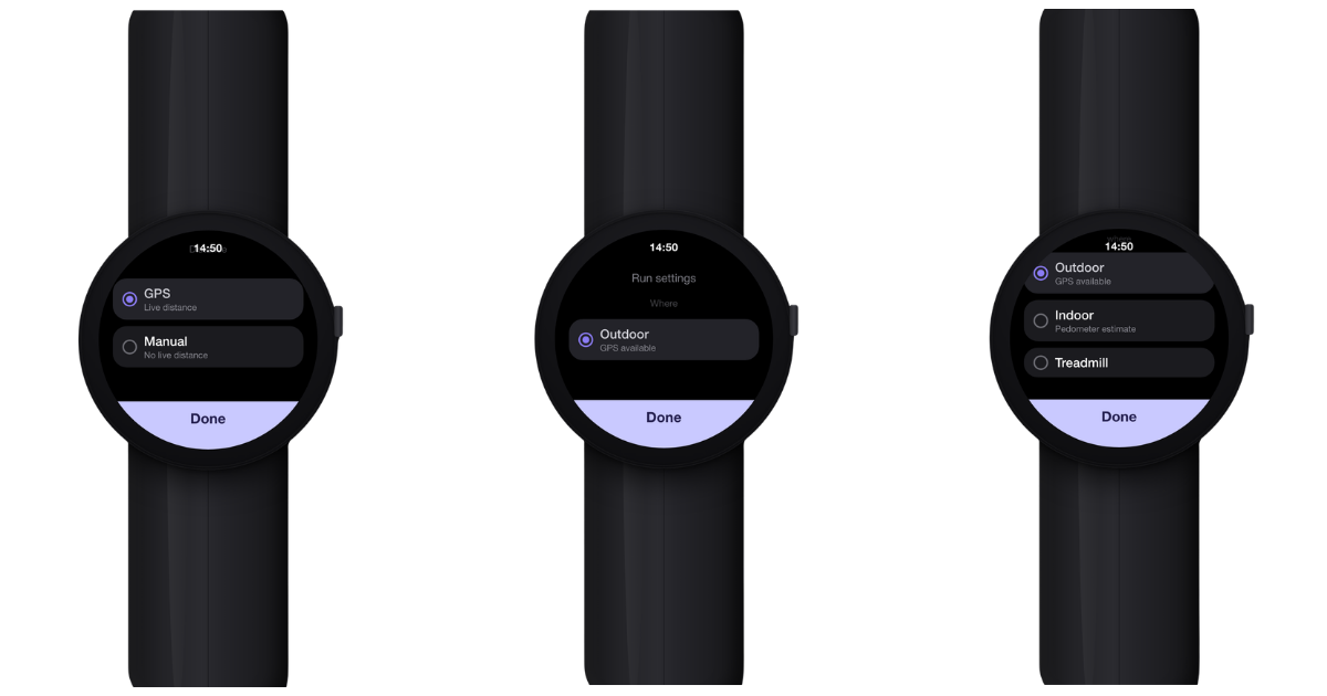 Wear OS watch run settings: GPS or Manual distance, and Outdoor, Indoor, or Treadmill
