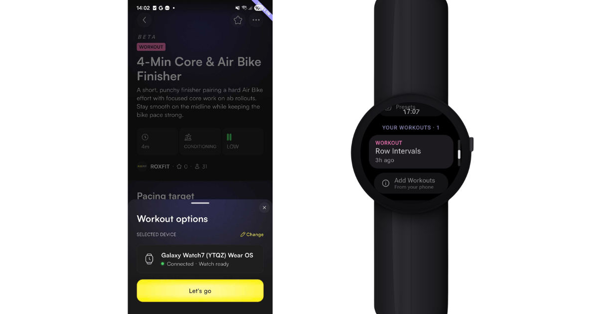 ROXFIT workout options selecting a Galaxy Watch7 Wear OS device, and the synced Row Intervals workout on the watch